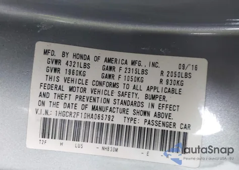 2017 Honda Accord Sport Se z USA, uszkodzony, nr VIN 1HGCR2F10HA065792